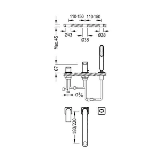 MONOMANDO BAÑERA DE REPISA CROMO 220 CM LOFT TRES