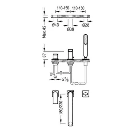 MONOMANDO BAÑERA DE REPISA CROMO 220 CM LOFT TRES