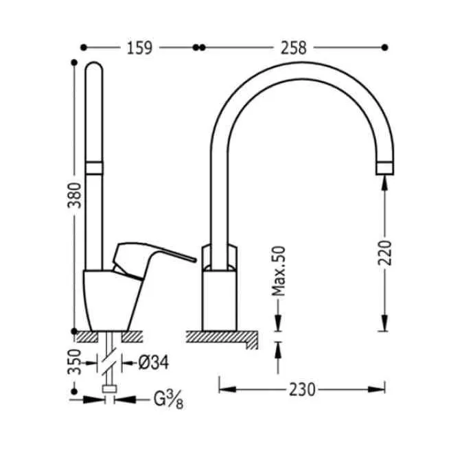 MONOMANDO FREGADERO VERTICAL K TRES 38 CM