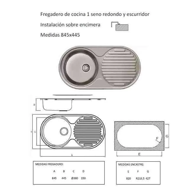 FREGADERO COCINA CIRCULAR ENCASTRE ACERO INOX 1 SENO Y ESCURRIDOR