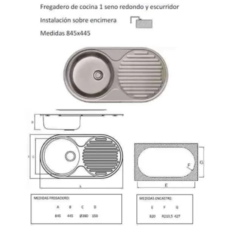 FREGADERO COCINA CIRCULAR ENCASTRE ACERO INOX 1 SENO Y ESCURRIDOR