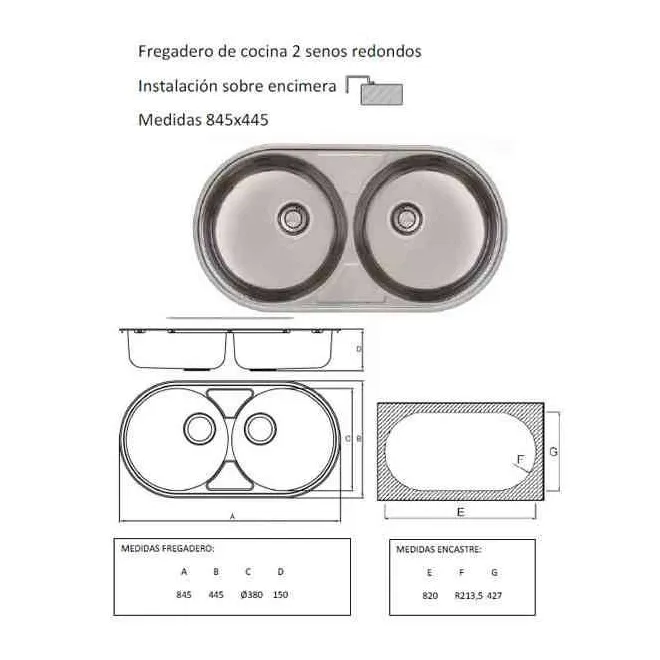 FREGADERO COCINA CIRCULAR ENCASTRE ACERO INOX 2 SENOS