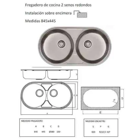 FREGADERO COCINA CIRCULAR ENCASTRE ACERO INOX 2 SENOS