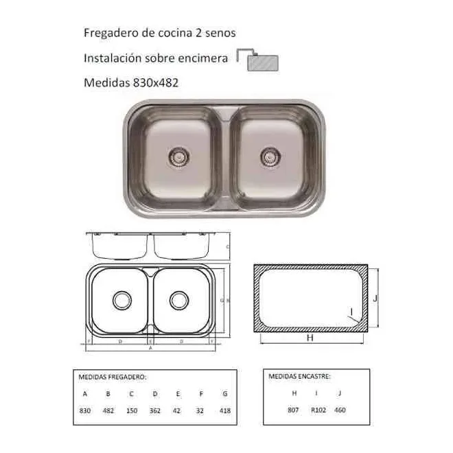 FREGADERO COCINA RECTANGULAR ENCASTRE ACERO INOX 2 SENOS