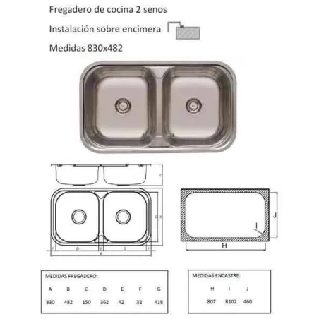 FREGADERO COCINA RECTANGULAR ENCASTRE ACERO INOX 2 SENOS