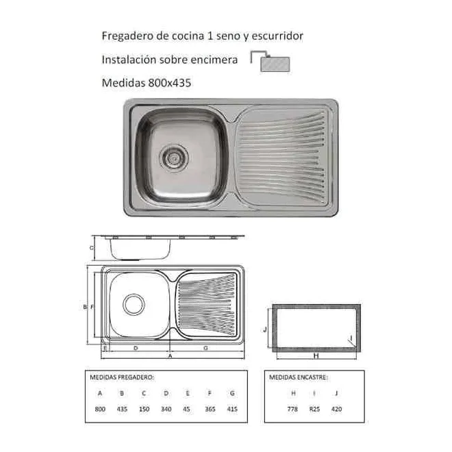 FREGADERO COCINA RECTANGULAR ENCASTRE ACERO INOX 1 SENO Y ESCURRIDOR 80X43