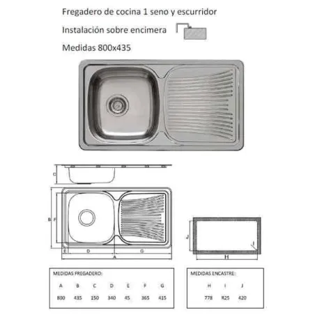FREGADERO COCINA RECTANGULAR ENCASTRE ACERO INOX 1 SENO Y ESCURRIDOR 80X43