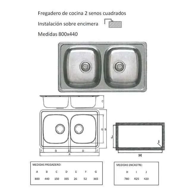 FREGADERO COCINA RECTANGULAR ENCASTRE ACERO INOX 2 SENOS 80X44