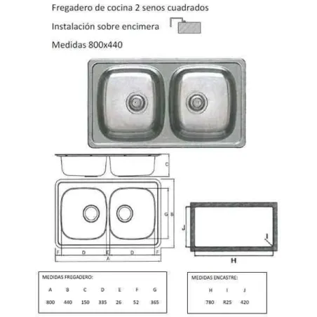 FREGADERO COCINA RECTANGULAR ENCASTRE ACERO INOX 2 SENOS 80X44