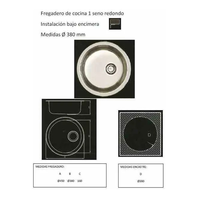 FREGADERO COCINA CIRCULAR BAJO ENCIMERA ACERO INOX 1 SENO