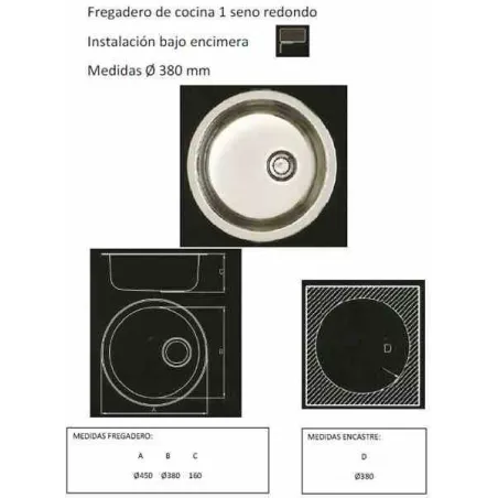 FREGADERO COCINA CIRCULAR BAJO ENCIMERA ACERO INOX 1 SENO