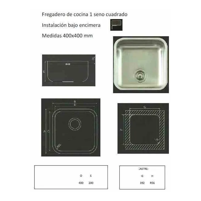 FREGADERO COCINA RECTANGULAR BAJO ENCIMERA ACERO INOX 1 SENO