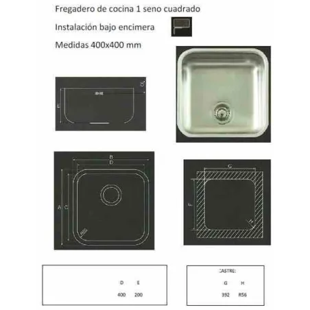 FREGADERO COCINA RECTANGULAR BAJO ENCIMERA ACERO INOX 1 SENO