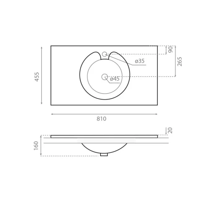 PLANO ENCIMERA LAVABO OVNI CON COTAS