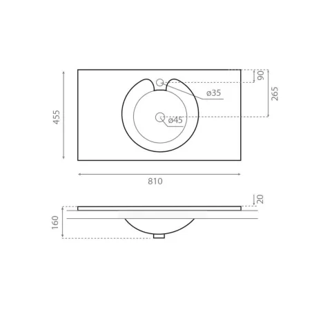 PLANO ENCIMERA LAVABO OVNI CON COTAS