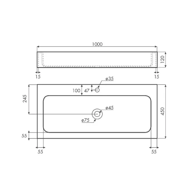 PLANO LAVABO SOBRE ENCIMERA LUENA SOLID SURFACE BATHCO
