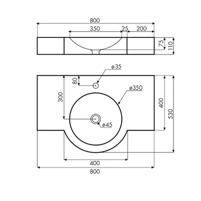 PLANO CON COTAS LAVABO CAMARGO RECTANGULAR BATHCO