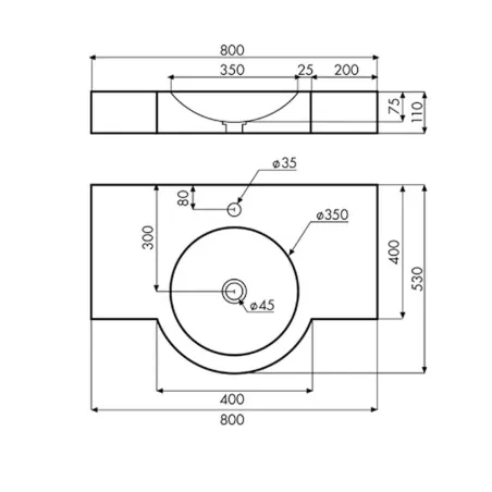 PLANO CON COTAS LAVABO CAMARGO RECTANGULAR BATHCO
