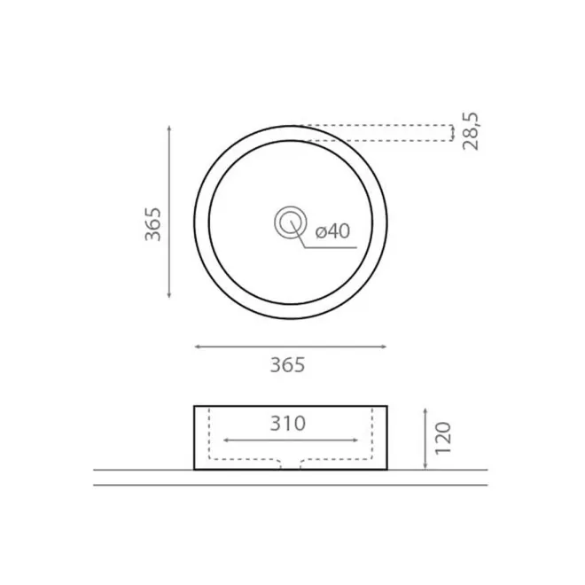 LAVABO SOBRE ENCIMERA ORUÑA ACERO - PLANO CON COTAS