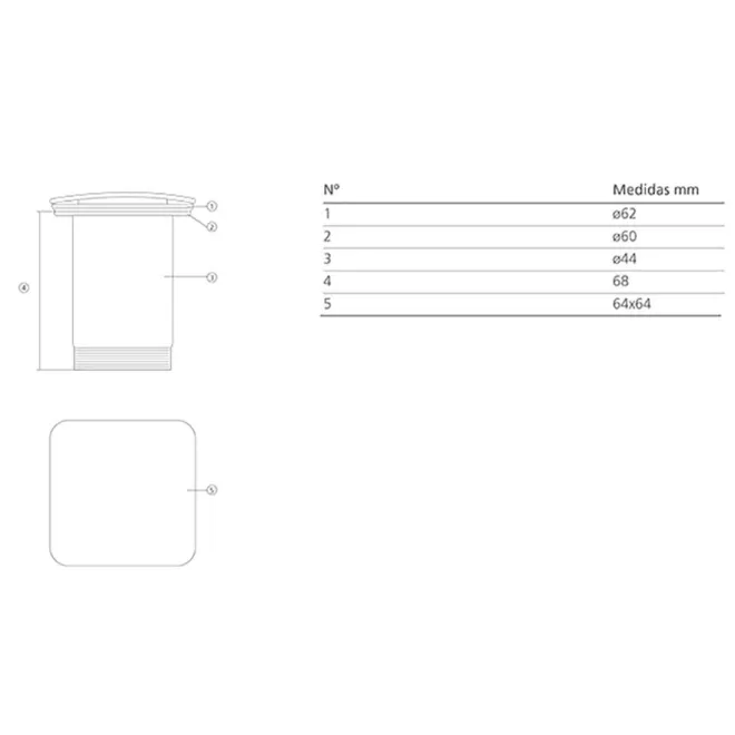 PLANO CON COTAS VALVULA LAVABO CLICK CLACK CUADRADA BATHCO