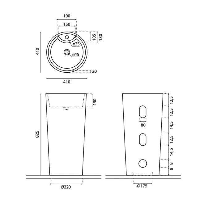 PLANO CON COTAS LAVABO PEDESTAL CORRALES BATHCO