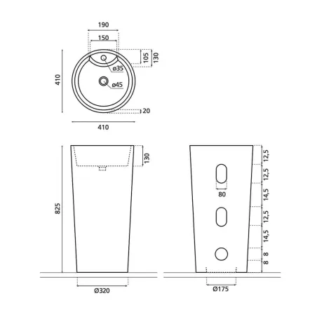 PLANO CON COTAS LAVABO PEDESTAL CORRALES BATHCO