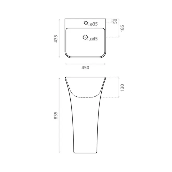 PLANO CON COTAS LAVABO PIE CARTES RECTANGULAR BATHCO