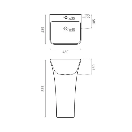 PLANO CON COTAS LAVABO PIE CARTES RECTANGULAR BATHCO