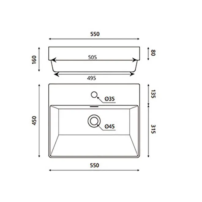 PLANO CON COTAS LAVABO SUSPENDIDO FUNCHAL RECTANGULAR BATHCO