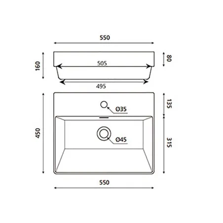 PLANO CON COTAS LAVABO SUSPENDIDO FUNCHAL RECTANGULAR BATHCO