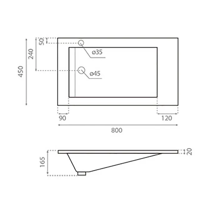 PLANO CON COTAS ENCIMERA LAVABO TECNO 80 RESINA BATHCO