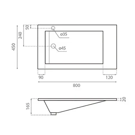 PLANO CON COTAS ENCIMERA LAVABO TECNO 80 RESINA BATHCO