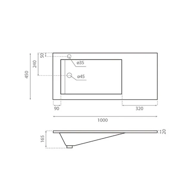 PLANO CON COTAS ENCIMERA LAVABO TECNO 80 RESINA BATHCO