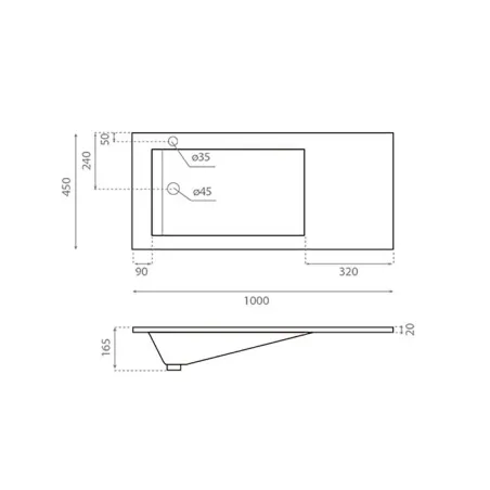 PLANO CON COTAS ENCIMERA LAVABO TECNO 80 RESINA BATHCO