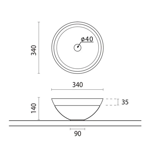 PLANO CON COTAS LAVABO SOLID SURFACE VINCI BATHCO