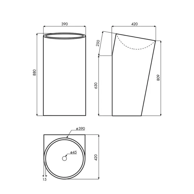 PLANO CON COTAS LAVABO PEDESTAL BARROS SOLID SURFACE BATHCO