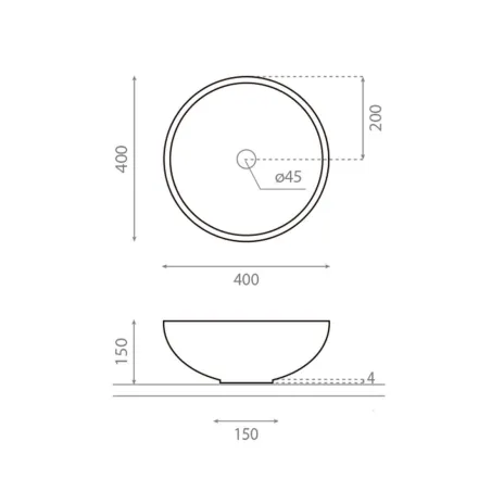 PLANO CON COTAS LAVABO SOBRE ENCIMERA NEW LYS MACAEL REDONDO BATHCO