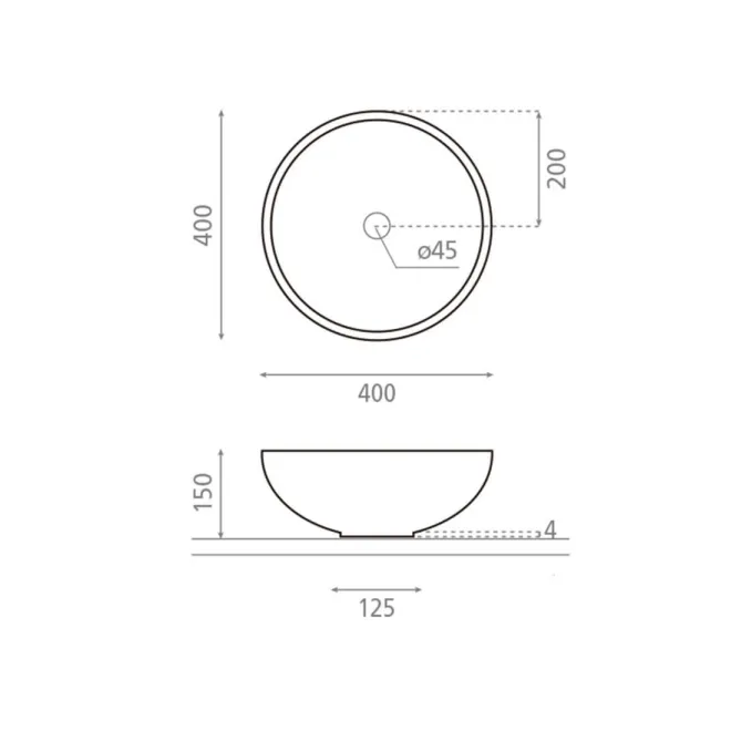 PLANO CON COTAS LAVABO SOBRE ENCIMERA NEW LYS ACERO CORTEN BATHCO