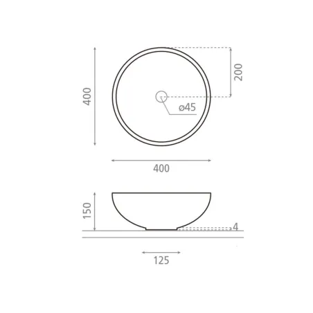 PLANO CON COTAS LAVABO SOBRE ENCIMERA NEW LYS ACERO CORTEN BATHCO