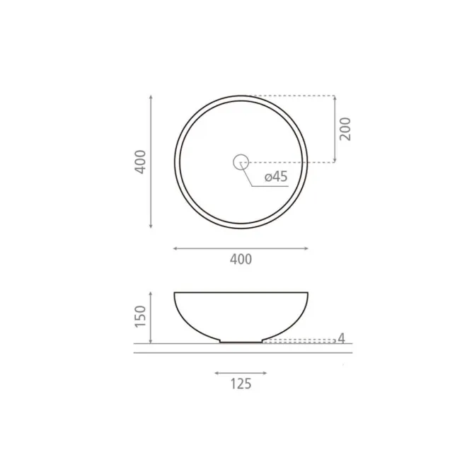 PLANO CON COTAS LAVABO SOBRE ENCIMERA NEW LYS MATE REDONDO BATHCO