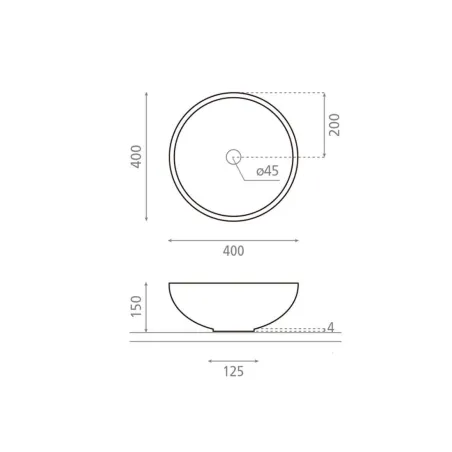 PLANO CON COTAS LAVABO SOBRE ENCIMERA NEW LYS MATE REDONDO BATHCO