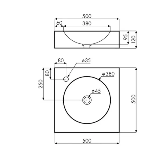 PLANO CON COTAS LAVABO CEMENTO PARBAYON CUADRADO BATHCO