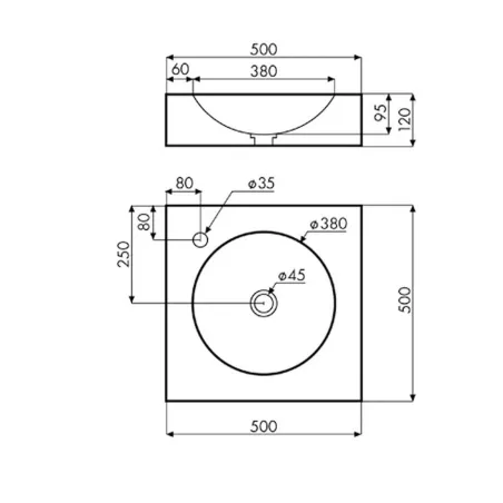 PLANO CON COTAS LAVABO CEMENTO PARBAYON CUADRADO BATHCO
