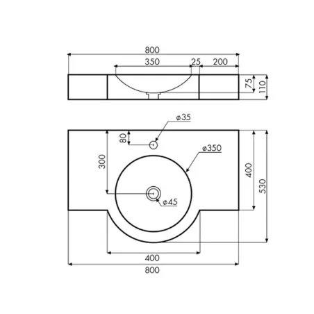 PLANO CON COTAS LAVABO CEMENTO CAMARGO RECTANGULAR BATHCO