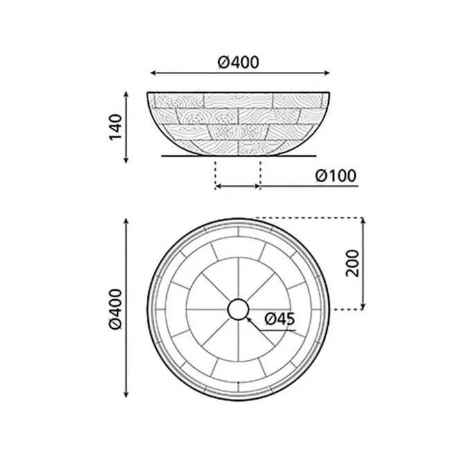 PLANO CON COTAS LAVABO MADERA CALCUTA REDONDO BATHCO