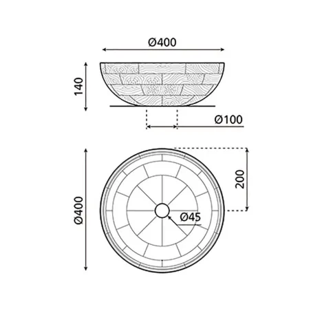 PLANO CON COTAS LAVABO MADERA CALCUTA REDONDO BATHCO