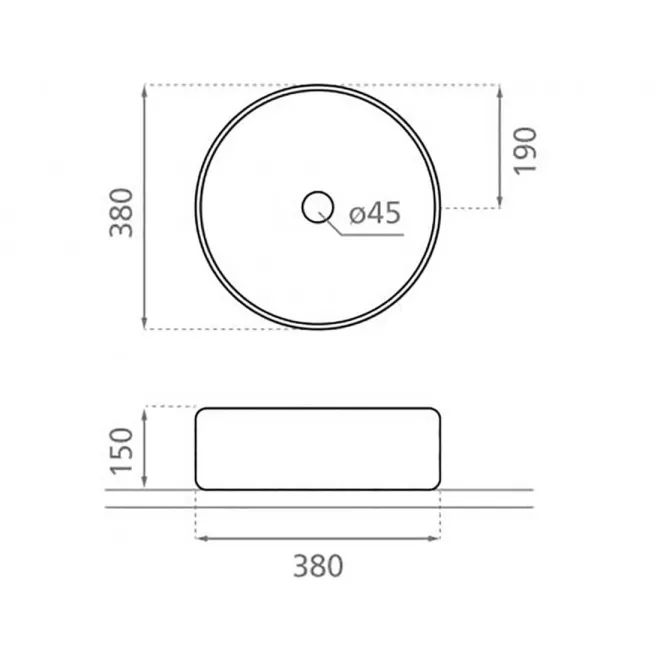PLANO CON COTAS LAVABO SOBRE ENCIMERA DINAN 38 ORO REDONDO BATHCO
