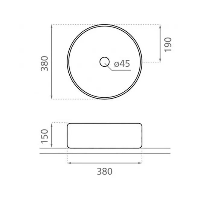 PLANO CON COTAS LAVABO SOBRE ENCIMERA DINAN 38 PLATA REDONDO BATHCO
