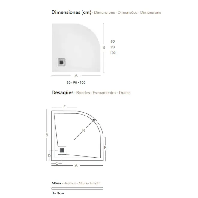 PLATO DE DUCHA RESINA RODIK SEMICIRCULAR PROFILTEK PLANO CON COTAS