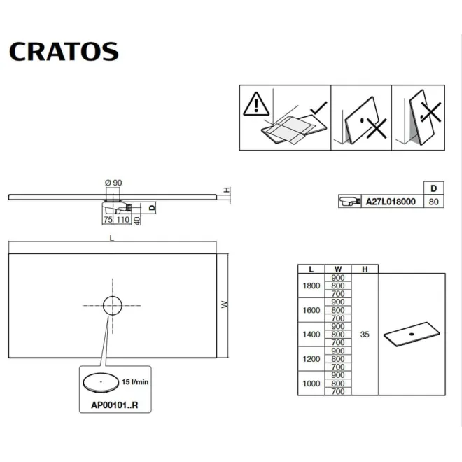 PLANO CON COTAS PLATO DE DUCHA SENCERAMIC CRATOS ROCA